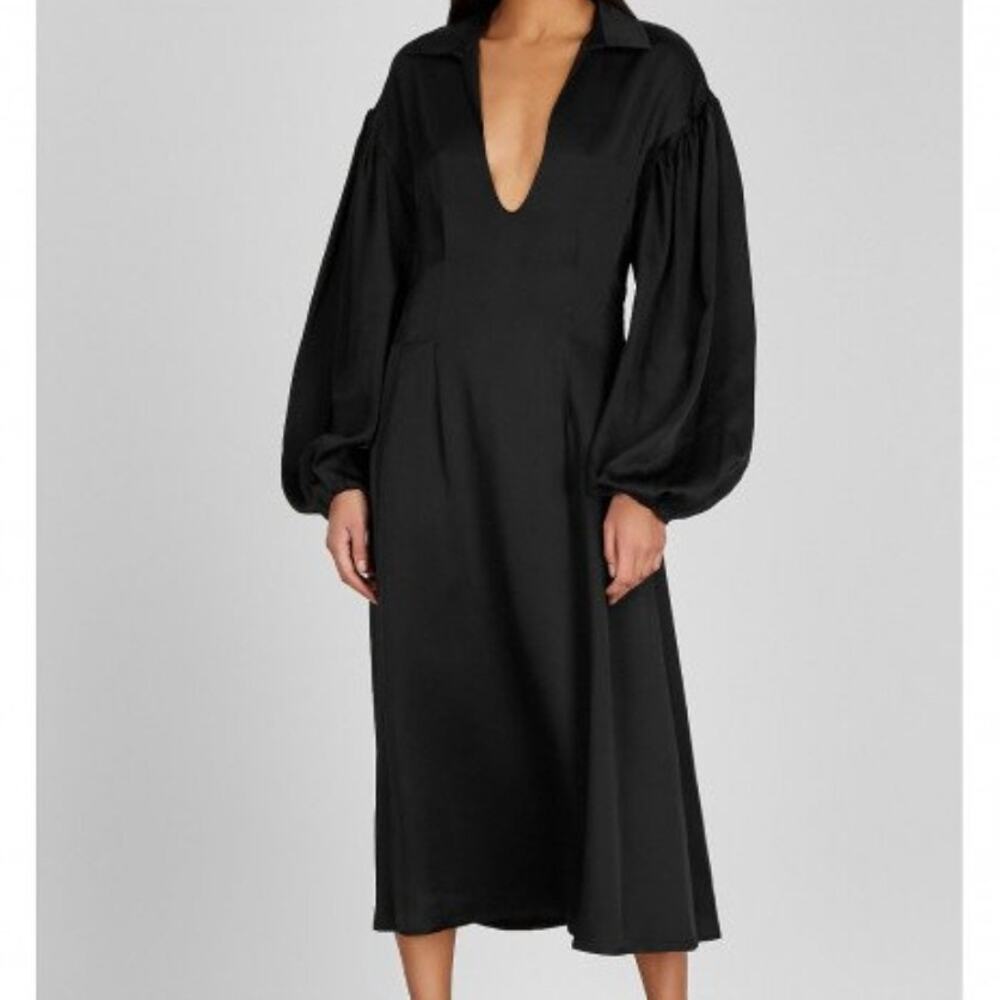 Khaite Farrely Puff Sleeve Black Midi Dress Deep V Collared Size 6 NEW